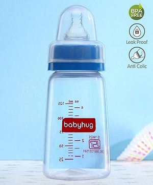Babyhug Mountain Shape Feeding Bottle Blue - 125 ml| Unique Design| Leak-Proof| Anti-colic Silicone Nipple| Microwave and Sterilizer Safe| BPA Free| Measuring Scale| Hygiene Cap| Slow Flow