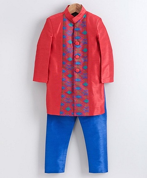 Babyhug Full Sleeves Embroidered Sherwani Set - Red Blue Babyhug Full Sleeves Embroidered Sherwani Set - Red Blue