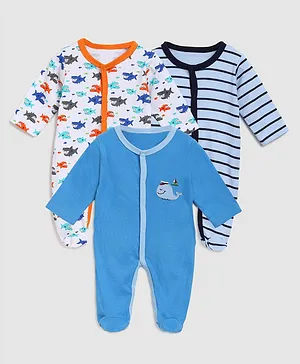 Zonko Style Full Sleeves Pack Of 3 Striped Footed Sleepsuit - Blue & White