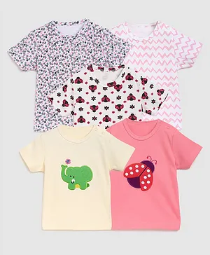 Zonko Style Half Sleeves Pack Of 5 Elephant Patch T-Shirt  - Pink White & Yellow