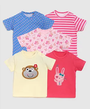 Zonko Style Pack Of 5 Half Sleeves Bear Patch T-Shirt - Cream Red Pink & Blue