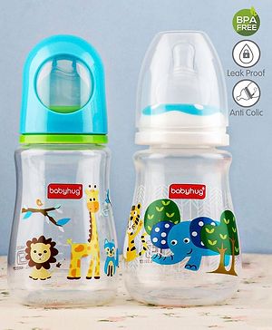 Babyhug Feeding Bottle Animal Print Blue And White Pack of 2 - 125 ml and 150 ml Babyhug Feeding Bottle Animal Print Blue And White Pack of 2 - 125 ml and 150 ml