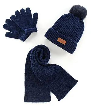 Babyhug Woollen Cap & Gloves With Muffler Pom Pom Detailing Navy Blue - Diameter 12 cm