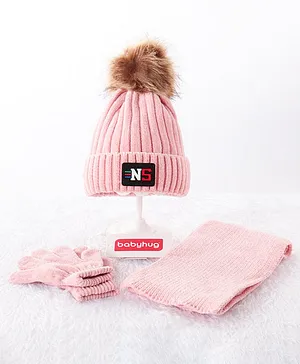 Babyhug Woolen Cap & Gloves With Muffler Pink -  Diameter 10 cm