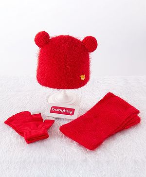 Babyhug Woolen Cap & Gloves With Muffler Red -  Diameter 10 cm
