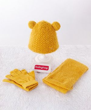 Babyhug Woolen Cap & Gloves With Muffler Yellow -  Diameter 10 cm