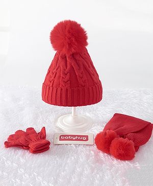 Babyhug Woollen Cap & Gloves With Muffler Pom Pom Detailing  Red - Diameter 11 cm