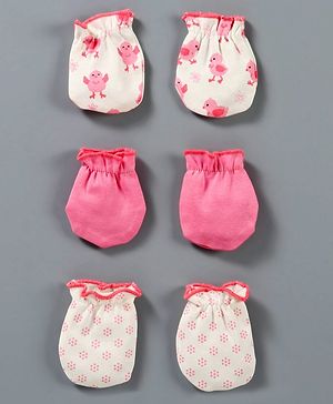 Babyhug 100% Cotton Mittens Chick Print Pack of 3 - Pink