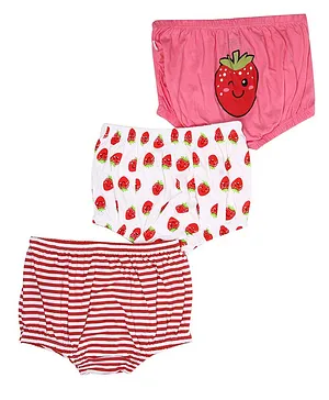 Snhug Pack Of 3 Strawberry Printed & Striped Bloomers - Pink White Red