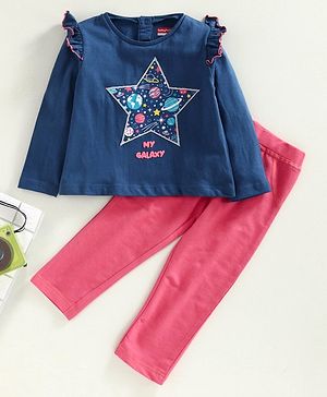 Babyhug Full Sleeves Top and Bottom Set Galaxy Print - Navy Blue Pink - 12-18M Pink