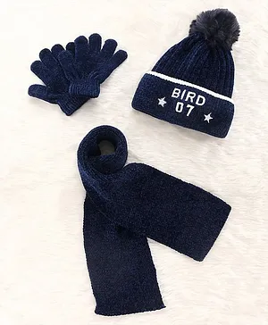 Babyhug Woollen Cap & Gloves With Muffler Bird 07 Embroidery Blue - Diameter 11 cm