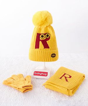 Babyhug Woollen Cap & Gloves With Muffler Alphabet R Design Yellow - Diameter 12 cm - 6-10Y Yellow
