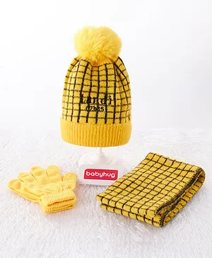 Babyhug Woollen Check Cap & Gloves With Muffler Yellow - Diameter 12 cm