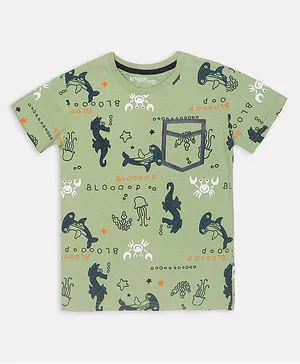 Li'L tomatoes Dino Print Half Sleeves Tee With 3 Ply Face Mask - Olive