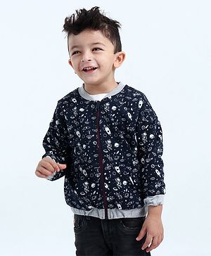 Babyoye Cotton Blend Full Sleeves Sweat Jacket Space Print - Navy