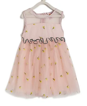 Kids On Board Sleeveless Flower Embroidery Detailing Flared Dress - Peach