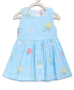 Kids On Board Sleeveless Strawberry & Flower Printed Dress - Blue