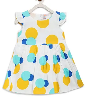 Kids On Board Cap Sleeves Dots Printed Flared Dress - Yellow & Blue