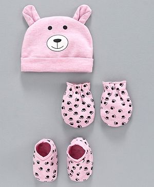 Babyhug 100% Cotton Cap Mittens & Booties Set Pink - Diameter 11 cm