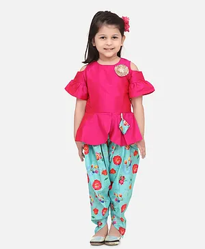 Lilpicks Couture Half Sleeves Kurta With Flower Print Dhoti - Pink Blue