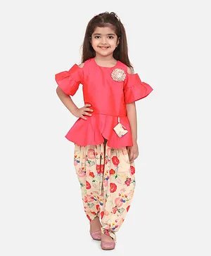 Lilpicks Couture Half Sleeves Peplum Kurta With Flower Print Dhoti - Peach