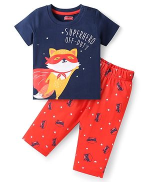Babyhug Half Sleeves Night Suit Kitty Print - Navy Blue Red