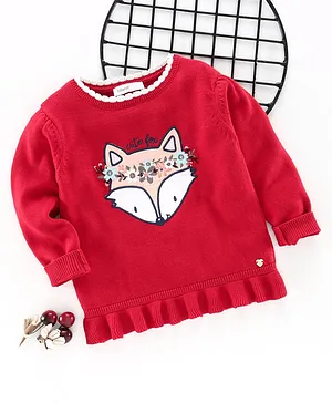 Babyoye 100% Cotton Full Sleeves Sweater Fox Embroidery - Red