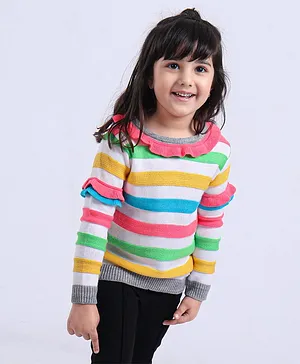 Babyoye Striped Full Sleeves Sweater - White & Multicolor