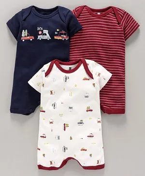 I Bears Printed and Striped Half Sleeves Romper Pack of 3 - Red Blue White