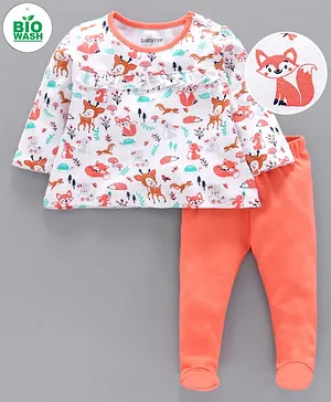 Babyoye Cotton Full Sleeves Top & Bootie Leggings Animal Print - White Orange