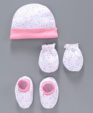Babyhug 100% Cotton Cap Mittens & Booties Pink White -  Diameter 10 cm