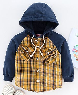 Babyhug Raglan Sleeves Hooded Checked Shirt - Yellow