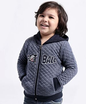 Babyoye Cotton Bushed Fleece Full Sleeves Hooded Sweat Jacket Football Embroidery - Blue