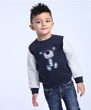 Babyoye Cotton Blend & Brushed Fleece Full Sleeves Sweatshirt Monkey Embroidery - Navy Blue Grey