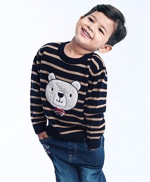 Babyoye Full Sleeves Stripe Sweater Bear Embroidery - Navy Blue