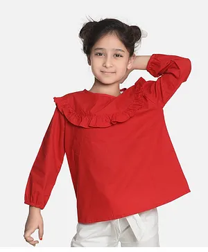 Aww Hunnie Full Sleeves Ruffle Detailed Solid Top - Red