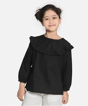 Aww Hunnie Full Sleeves Ruffle Detailed Solid Top - Black