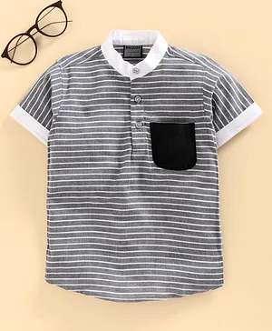 Rikidoos Half Sleeves Kurta Style Striped Shirt - Grey