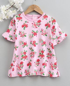 Babyhug Half Sleeves A Line Frock Floral Print - Pink