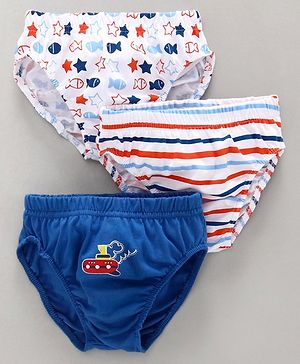 Babyhug 100% Cotton Briefs Striped & Fish Print Pack of 3 - Blue White