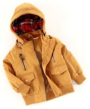 Babyhug Full Sleeves Cotton Hooded Jacket - Khaki