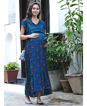 Mine4Nine Cap Sleeves Motif Print Maternity Dress - Blue