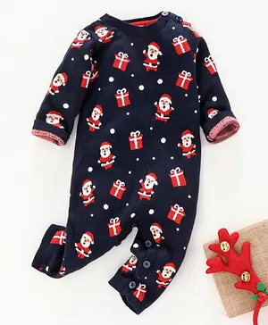 Babyhug Full Sleeves Romper Santa Print - Navy