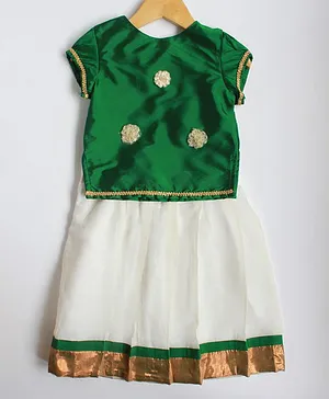 Many frocks & Short Sleeves Flower Applique Pattu Pavadai - Off White & Green