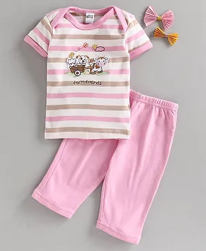 Spring Bunny Short Sleeves Farm Animals Patch Detailing Night Suit - Light Pink