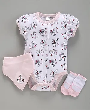 Spring Bunny Short Sleeves Boat Print Onesie With Socks & Bib - Pink