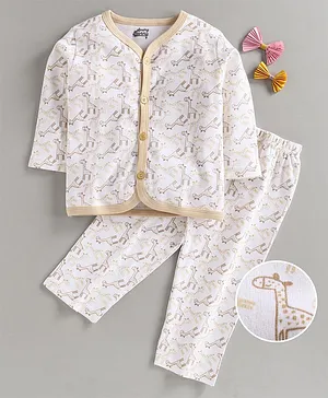 Spring Bunny Full Sleeves All Over Giraffe Printed Night Suit - Beige