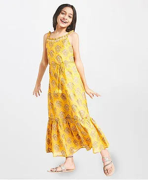 Global Desi Girl Flower Print Sleeveless Dress - Orange