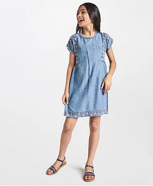 Global Desi Girl Embroidered Short Sleeves Denim Dress - Blue