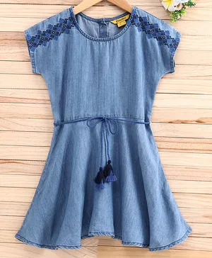 Global Desi Girl Embroidered Short Sleeves Dress - Blue